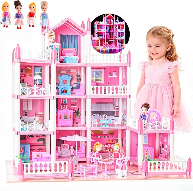 Large Doll House for Girls 3-12 Years Old 11 Rooms Dream Dollhouse with Lights, Play Mat, Dolls, Furniture & Rich Accessories, Perfect Birthday for Kids