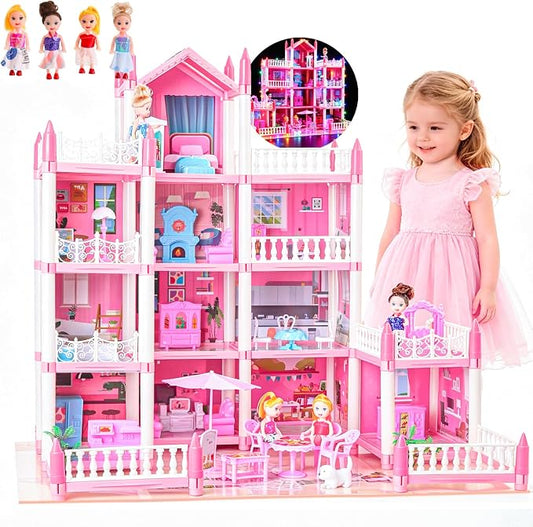 Large Doll House for Girls 3-12 Years Old 11 Rooms Dream Dollhouse with Lights, Play Mat, Dolls, Furniture & Rich Accessories, Perfect Birthday for Kids