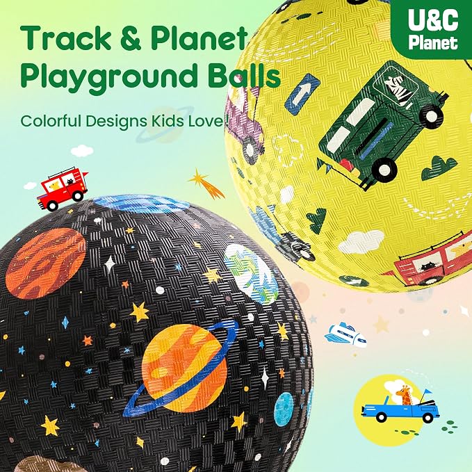 U&C Planet Playground Balls for Toddlers 1-3, 2 Pack 6 inch 8.5 inch Kickball for Kids Outdoor Indoor, Catoon Rubber Balls with Pump, Child Gift for Boys Girls 1-3 3-5 5-10