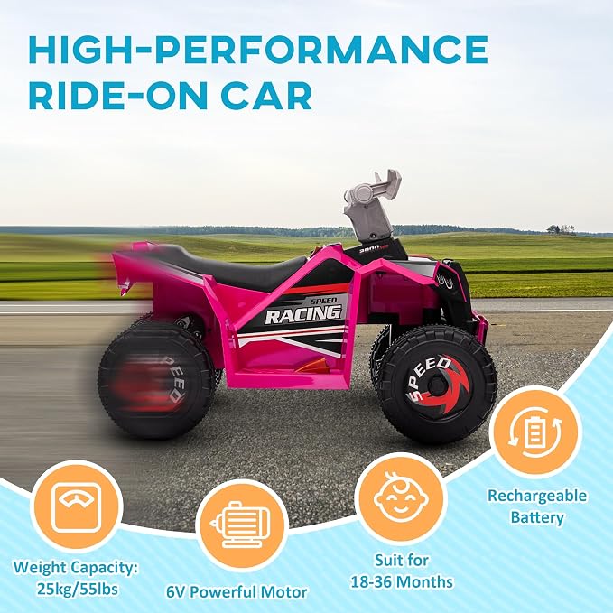 Aosom Kids ATV Quad Car, 6V Four-Wheeler Ride on Toy for Kids with Forward Backward Function, Wear-Resistant Wheels for Toddlers Ages 18-36 Months, Pink