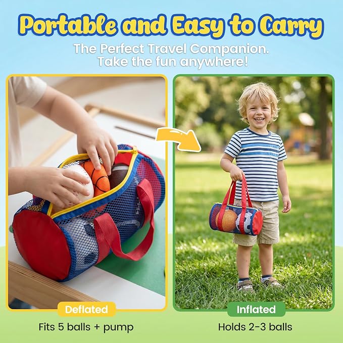 LovesTown Sports Balls for Kids, 5 Pack Inflatable Playground Balls Rubber Kickballs Dodgeballs with Duffle Bag, for Kids Toddlers Indoor Outdoor Toys