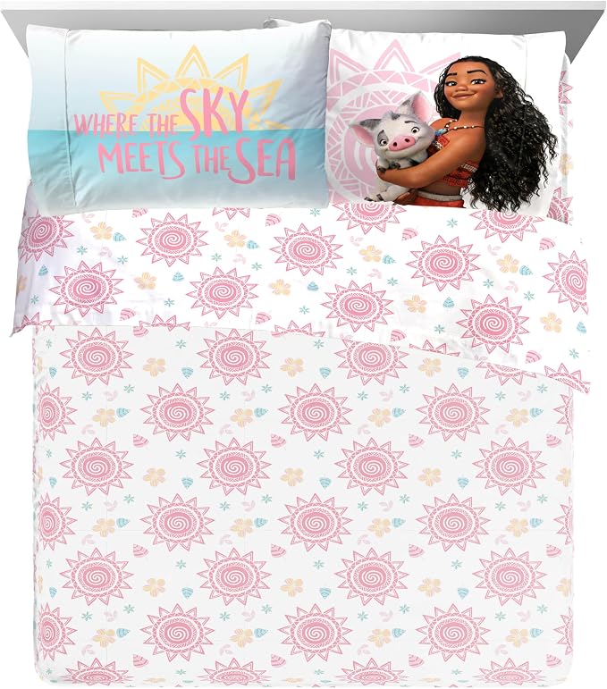 Jay Franco Disney Moana Queen Comforter Set â€“ Tropical Patchwork 7 Piece Bedding Features Pua and HEI HEI - Includes Sheet Set & Pillow Covers - Super Soft Kids Microfiber Bed Set