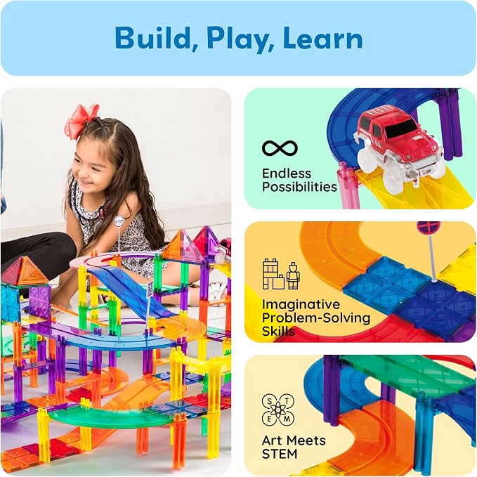 PicassoTiles 150 Piece Race Car Track Building Block Educational Toy Set Magnet Tile Magnetic Blocks Playset 4 Cars Early STEM Learning Construction Kit Hand-Eye Fine Motor Skill Brain Training PTR150
