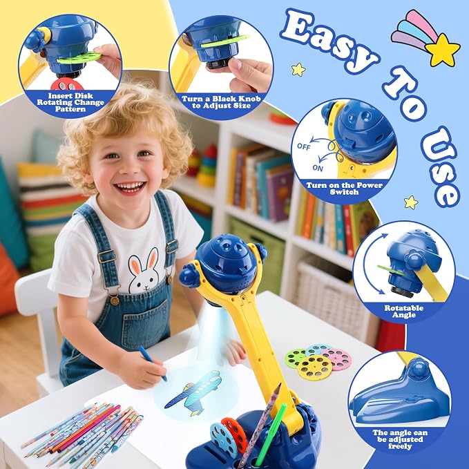 Sumsoltic Drawing Projector for Kids, Art and Craft Kit,Including Colored Pencils, Crayons, Coloring Books, Toys for 3+ Year Old Boys (Blue Drawing Kit v2)