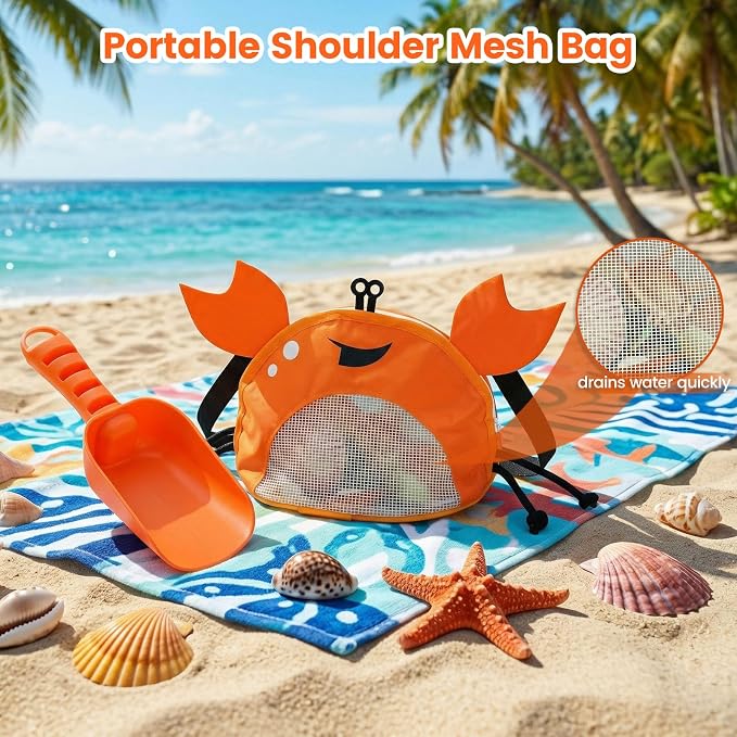 AMOR PRESENT Mesh Beach Bag for Kids, Shell Collecting Bag with Shovel Adjustable Strap for Holding Shell Sea Pool Sand Toy, Orange
