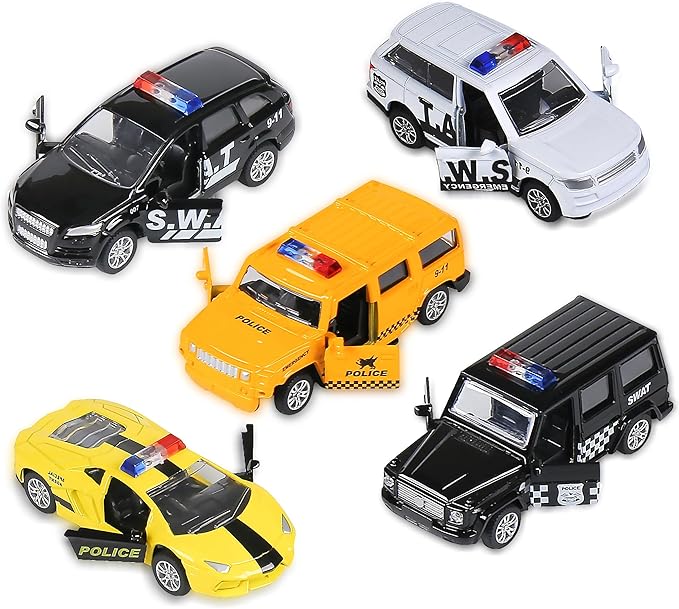 KIDAMI Die Cast Metal Toy Cars Set of 5, Small Cop Openable Doors Pull Back Car Gift Pack for Kids (Police Car)