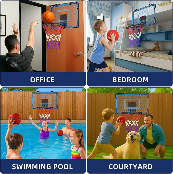 Molutsody Over The Door Basketball Hoop, for Kids (Blue) | Mini Hoop with LED Light & Scoreboard. Includes 3 Balls & Air Pump. Gifts for 4-12 Year Old Boys Girls