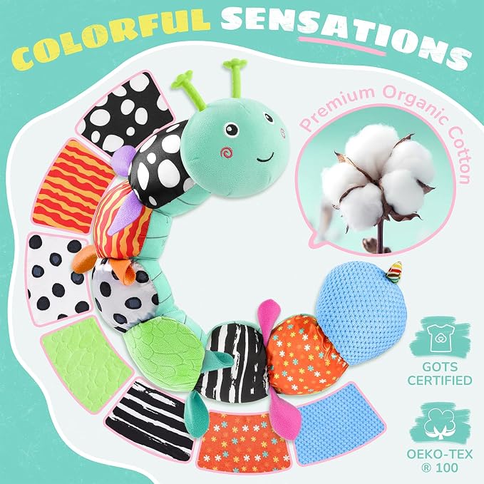 AWOTOY Baby Toys 6-12 Months Music Caterpillar,Stuffed Animals Infant Toys 0-3-6 Months,Baby Sensory Toys Tummy Time with Crinkle Rattle Teething Toys for Newborn Boys Girls Gifts Birthday|Ice Blue
