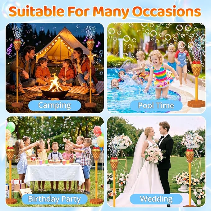 Bubble Machine Toys for Kids: Bubble Torch Blower Maker with Flame Light Music, 47" Adjustable Height, Bubbles Wand Outdoor Toys for Summer Camping Essentials Halloween Wedding Backyard Pool Party