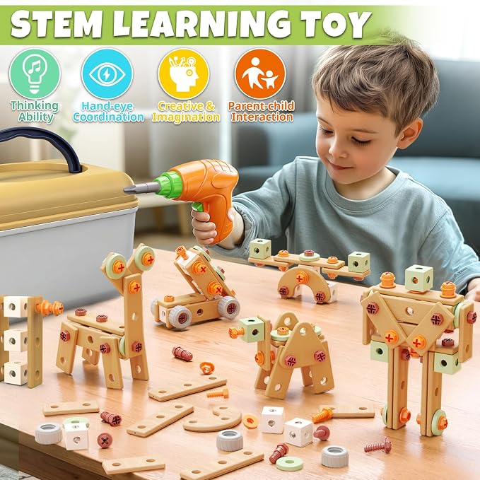 YongnKids 158 Pcs Kids Tool Set with Drill, Construction STEM Building Blocks with Storage Box Educational Tool Kit Pretend Play Kid Toy for Kids Age 3 4 5 6 7 8 Years Birthday Gift