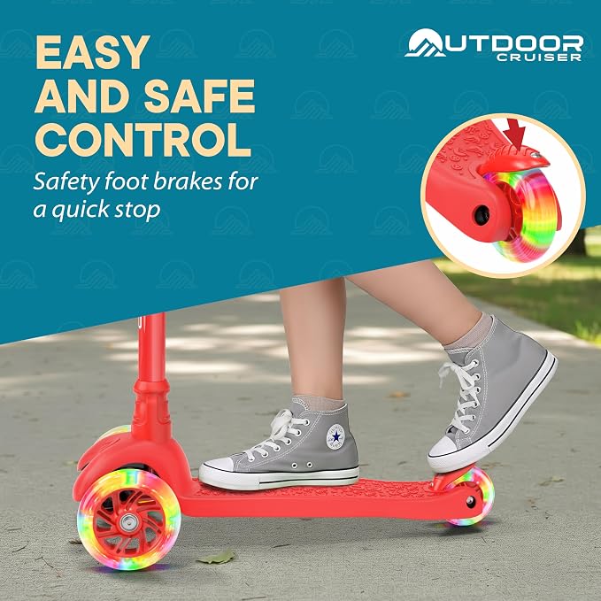 Outdoor Cruiser 3-Wheel Kids Scooter – with Lean-to-Steer Technology, Wide Deck, Led Lighted Wheel, 4-Level Adjustable Height T-bar Handle, Support Kids Up to 150 Lbs, for Boys & Girls Ages 3-8, Red