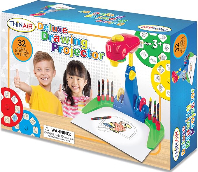 Thin Air Brands Drawing Projector for Kids 3 & Up, Preschool Tracing Projector Kit Includes 32 Animal Drawings on 4 Sturdy Discs, 8 Crayons & 1 Pad of Drawing Paper for Fun Play-Based Learning