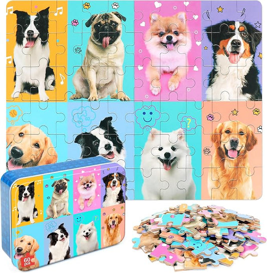 LELEMON Puzzles for Kids Ages 4-6,Dog 60 Piece Puzzles for Kids Ages 4-8,Children Jigsaw Puzzles Kids Puzzles in a Metal Box,Educational Learning Puzzle Toys for Girls and Boys