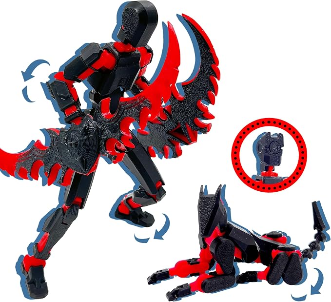 Uodofy (Assembly Completed) T13 3D Action Figure Set,Dummy Robo Titan 13 Action Figures,3D Printed Multi-Jointed Toy (Black Red + Dog)