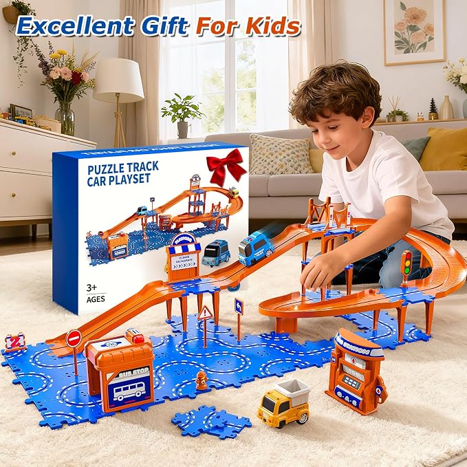 Toddler Toys for 3 4 5 6 Year Old Boys Kids Girls, 45 Pcs Puzzle Track Car Set for Boys Toddlers 3-5 4-6, Puzzle Race Tracks Car Toys Set for Kids Ages 3 4 5 6,Toddler Toys Birthday