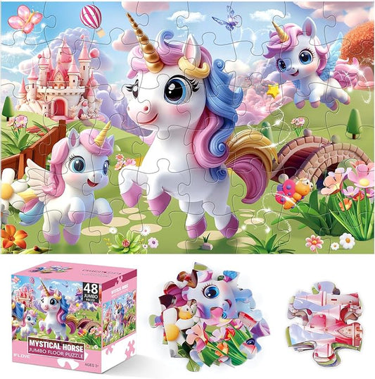 IFLOVE Unicorn Floor Puzzle for Kids — 48 Piece Jumbo Rainbow Unicorn Jigsaw Puzzle, 35 x 24 Inch Large Magical Unicorn Puzzle, Educational Toy Birthday for Girls Boys Ages 3-8