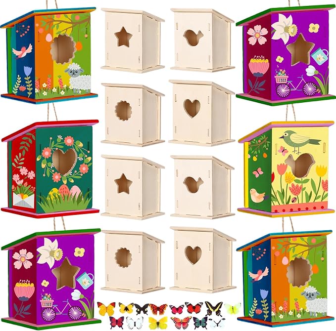 Outus 24 Pcs Wooden DIY Birdhouse Kits for Kids to Build, 4 Shapes Birdhouse Kit Wooden Unfinished with Butterfly Sticker for Boy Girl Arts Crafts(Classic)