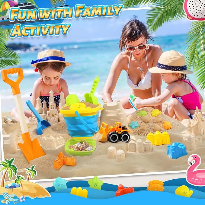 Collapsible Beach Sand Toys for Kids, Sandbox Toys Includes Bucket, Sand Shovel, Beach Sifter, Castle Molds, Toddler Beach Toys with Mesh Bag, Summer Travel Outdoor Beach Essentials for Kids Girls