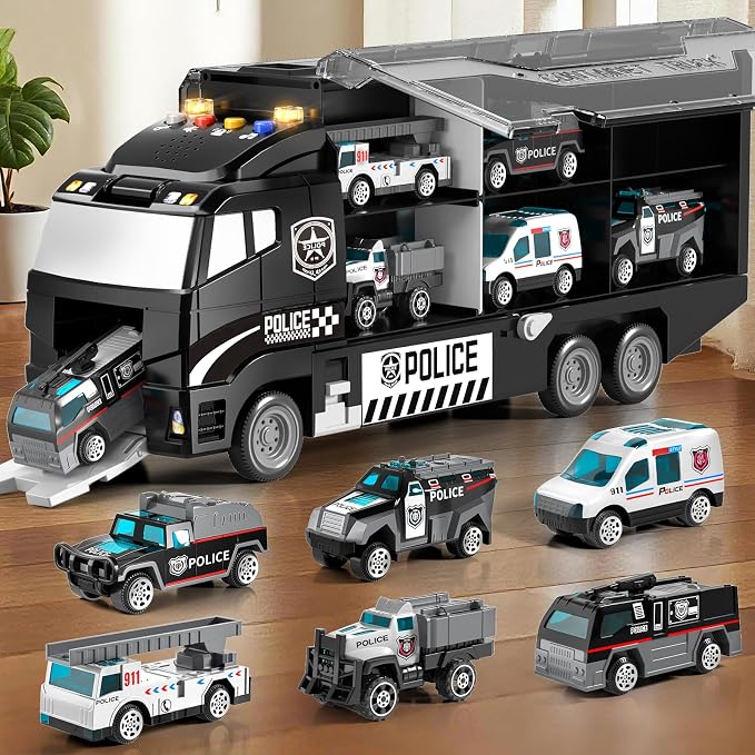 Toddler Boys Police Car Toy Set: Police Truck for Boy 3 4 5 6 Years Old | with Play Mat and Die-Cast Toy Car | Birthday Gifts Toys for 3-8 Year Old Boys | Girl Toys with Light and Sound