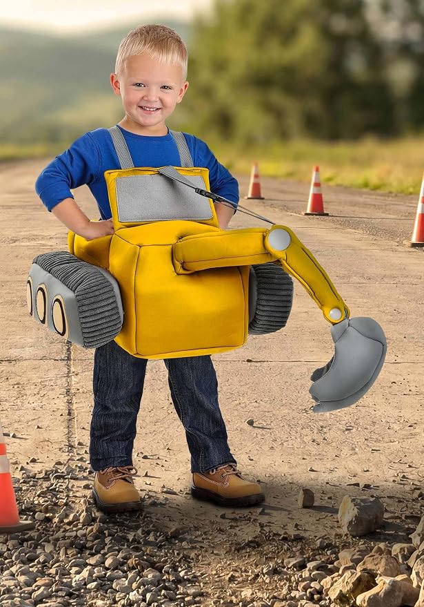 Toddler Ride in Excavator Costume, Yellow Heavy Equipment Operator Outfit