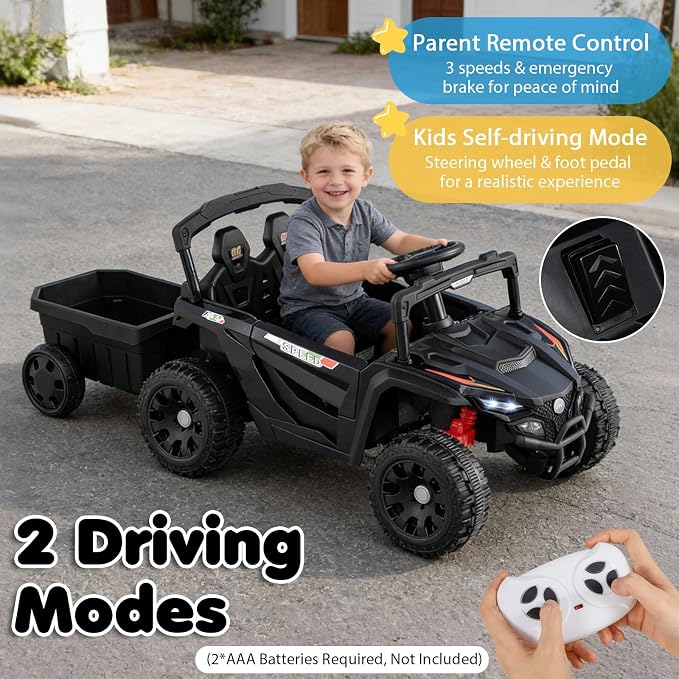 Costzon Kids Ride On UTV Car with Detachable Trailer, 12V Battery Powered Electric Vehicle with Remote Control, 3 Speeds, LED Lights, Music, Horn, Off-Road UTV for Boys & Girls (with Trailer,Black)