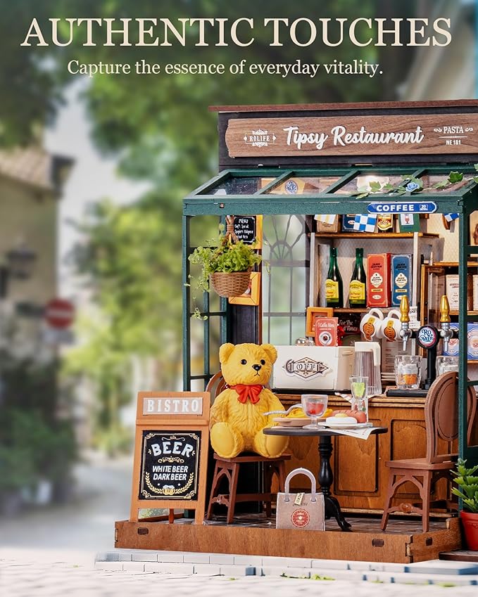 Rolife DIY Miniature House Kit for Adults, Tipsy Restaurant Mini Wooden Dollhouse Kit, 1:18 Tiny House Diorama Building Kits Birthday Craft Home Decor Hobbies Gift for Family Friends