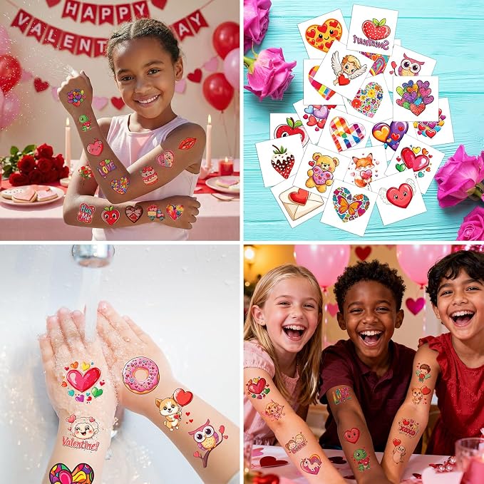 JCFIRE Valentines Day Stickers for Kids Temporary Tattoos, Heart Stickers for Valentines Day Gifts for Kids Classroom Exchange, Waterproof Decals for Party Favors, Goodie Bags, Crafts