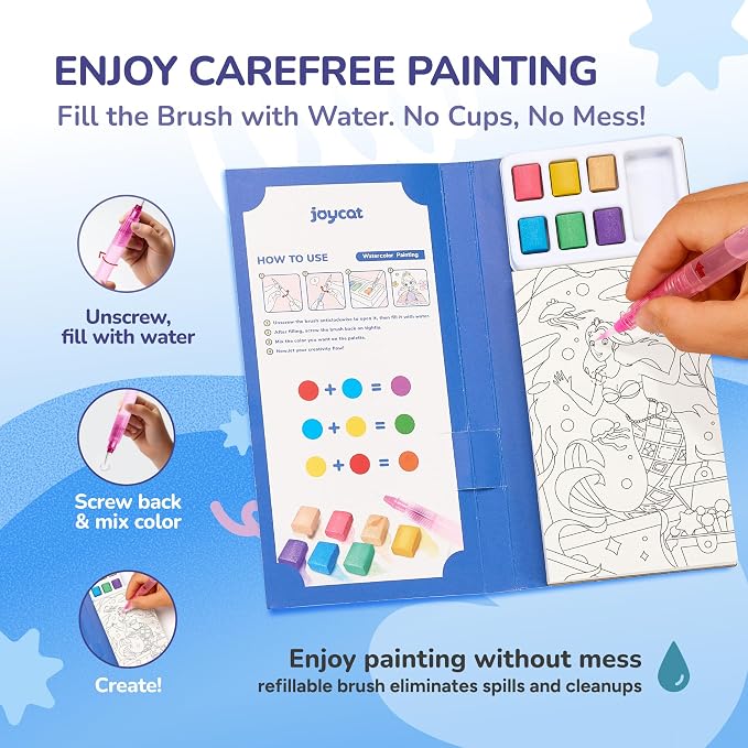 JoyCat Pocket Paint with Water Coloring Books for Kids, Art & Craft Activity Toy Set, Creative Travel & Home Painting Kit, Gifts for Girls & Boys Ages 3-8 (Ocean Princess)