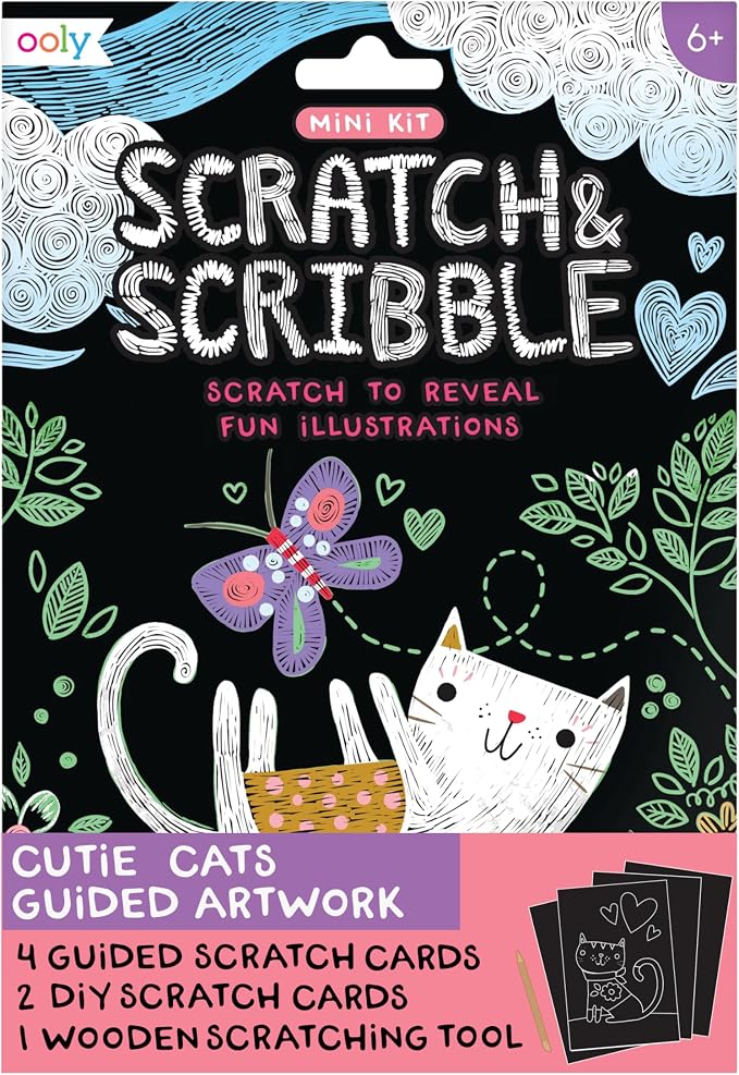 Ooly Mini Travel Crafts for Kids – 6 Card Scratch Art Kit, Compact Car & Airplane Activity, Wooden Stylus Included – Cutie Cats