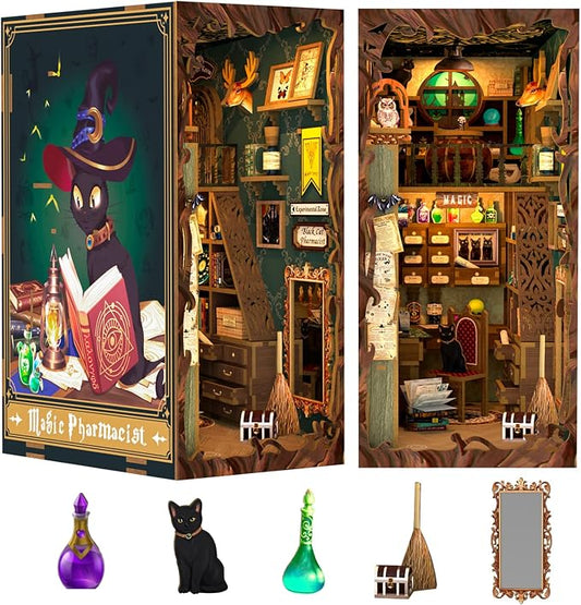 Fsolis Book Nook Kit, 3D Wooden Puzzle for Adults (Magic Pharmacist) | DIY Miniature Magic House Kit, 282 Wood Pieces, Bookshelf Decor with Light and Dusk Cover, Gifts for Women Teens