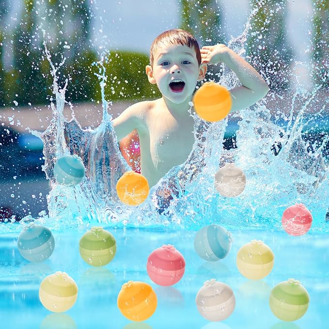 Reusable Water Balloons, Refillable Silicone Water Balls 12 Pack, Self Sealing Water Balloons, Quick Fill Water Balls for Kids Pool Beach