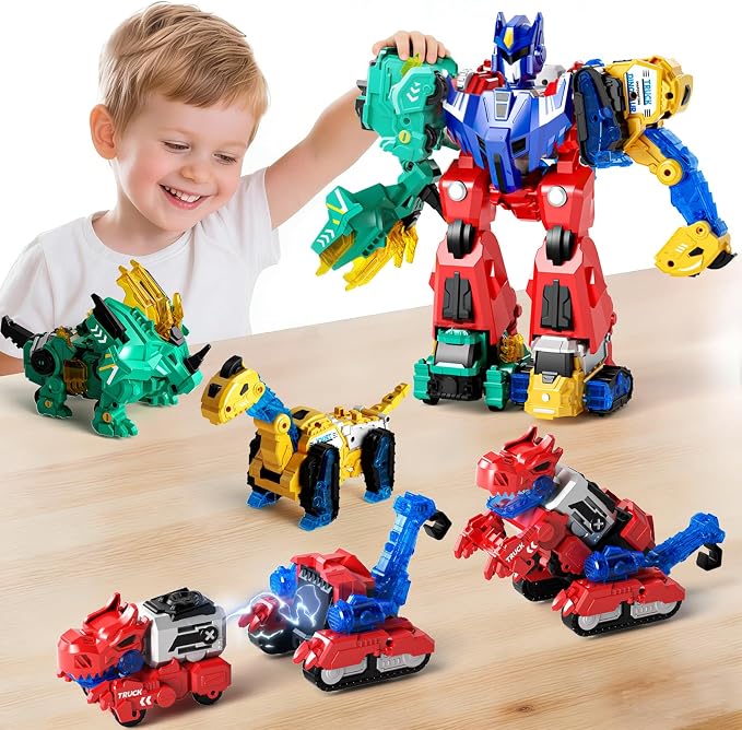 Magnetic Dinosaur Transforming Robot Toys, 6-in-1 Dino Construction Trucks for Kids, Magnetic Car Toys for Boys Girls Age 3 4 5 6 7 8, STEM Educational Christmas Building Gift