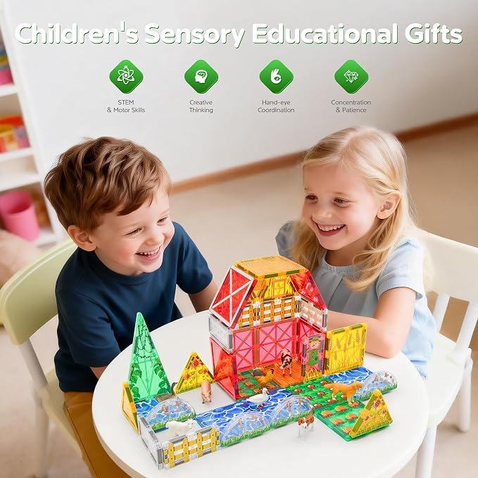 Farm Magnetic Tiles Toys 2026 3D STEM Educational Toys with Animals, Montessori Learning and Playing Toys for Kids, Preschool Toddlers Magnets Building Set, Ideal Gift for Boys Girls Ages 3-5 4-8 5-7