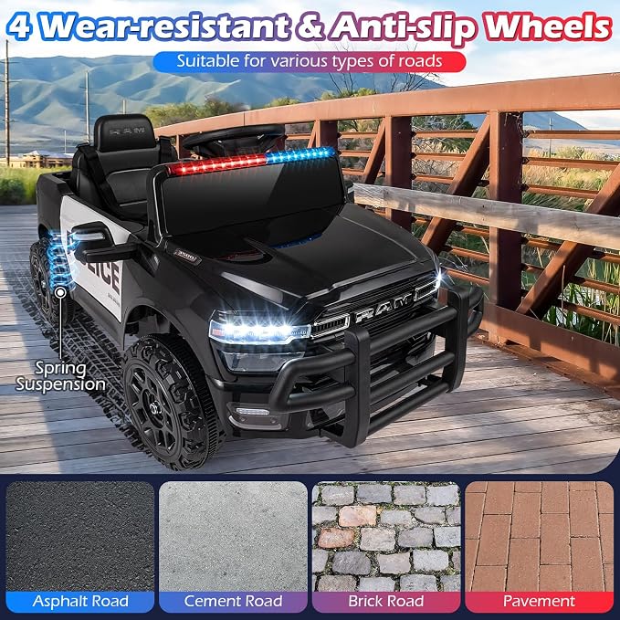 Costzon Police Car Ride On, 12V Licensed RAM Kids Electric Vehicle w/Remote Control, LED Lights, Music, Horn & Wireless Connection, Soft Start, Kids Car Toyt for Boys Girls (1-Seater,Police Dark)