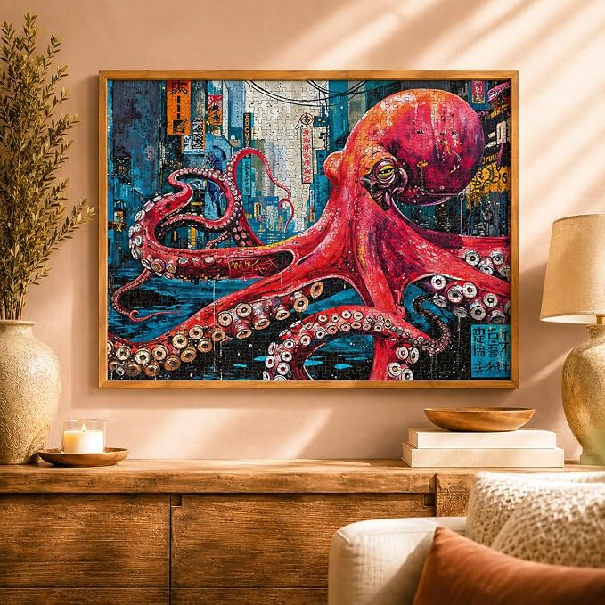Cross & Glory | 1000 Piece Jigsaw Puzzles for Adults | Octopus City: Neon Overlord │ Cyberpunk Ocean Puzzle for Adults │ Satin Finish Octopus Puzzle 1000 Pieces │ Ages 14+