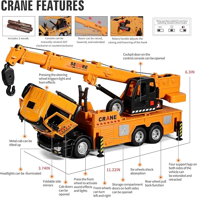 Crane Truck Toy Diecast Metal Cab Construction Truck Toys for Kids Crane Truck Boom that Can Be Raised Lowered Extended Pull Back Toy Crane with Lights and Sounds Crane Toys for Boys Age 4-7