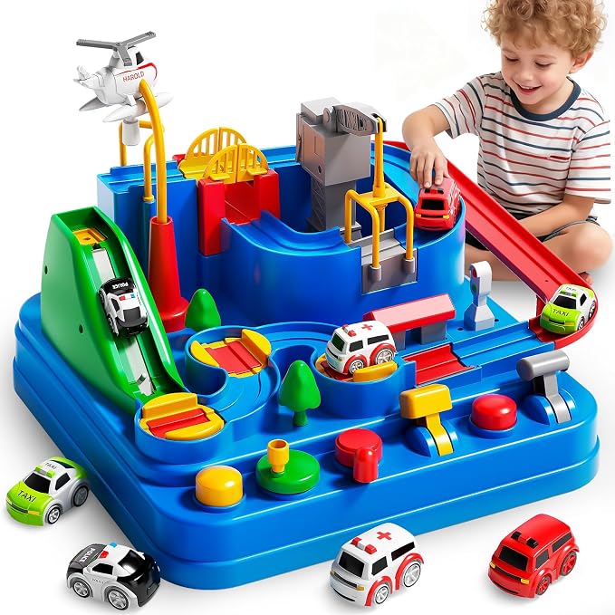Toys for 3 Year Old Boys, Large City Adventure Car Race Track for Toddlers, STEM Montessori Playset with 4 Cars & Helicopter, Educational Learning Toy, Birthday Christmas Grandkids Gifts