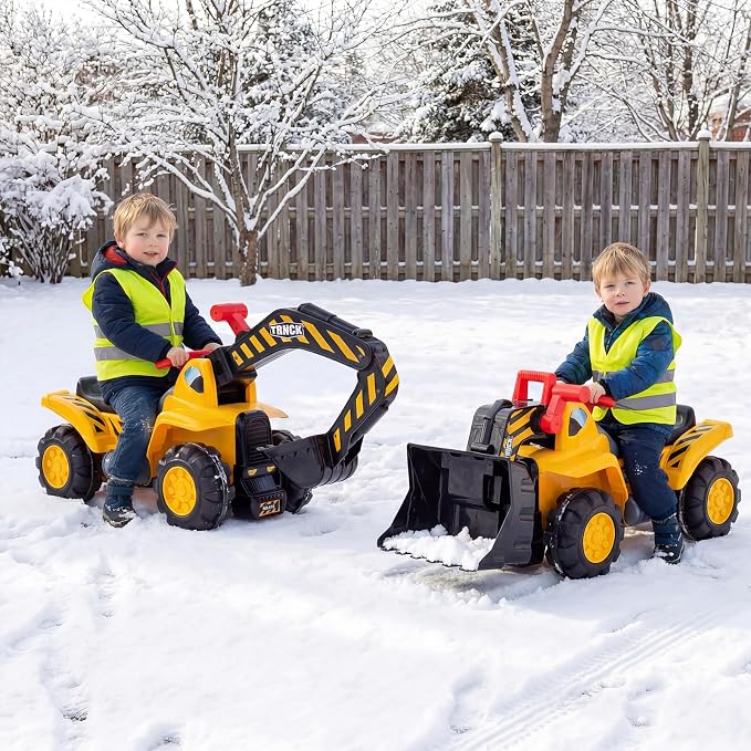 Costzon 3-in-1 Ride on Excavator Bulldozer, Kids Foot-to-Floor Push Car with Engine Sound & Under Seat Storage, Sit & Scoot Sliding Toy Construction Vehicle with Helmet & Vest for Aged 2+