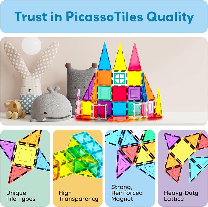 PicassoTiles Magnetic Tiles Rocket Set Construction Toy Magnet Building Block Engineering STEM Learning Child Brain Development Stacking Kit Window Door Playboard for All Ages 3 and Up PT36B