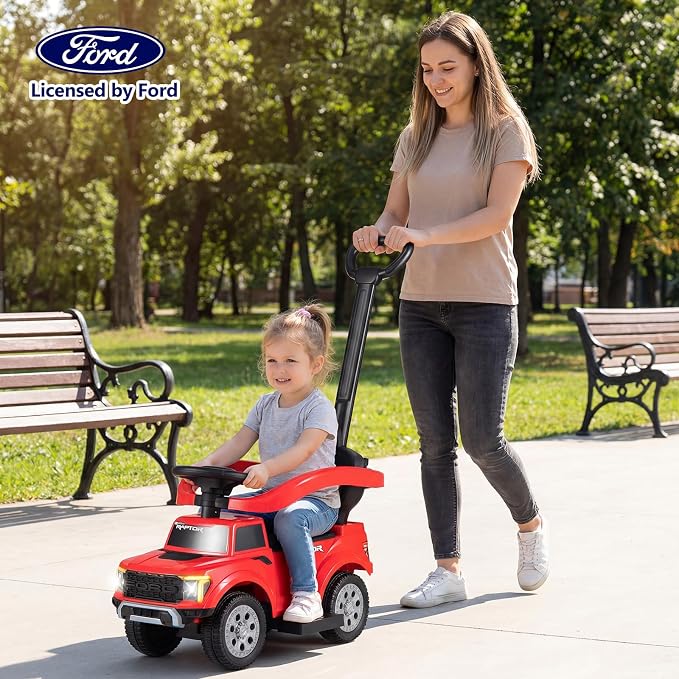 Costzon Ride On Push Car for Toddlers, 3-in-1 Ford Licensed Sliding Car w/Handle, Guardrail, Horn, Engine Sound, LED Lights, Under Seat Storage, Foot-to-Floor Kids Ride On Toys for Boys Girls (Red)