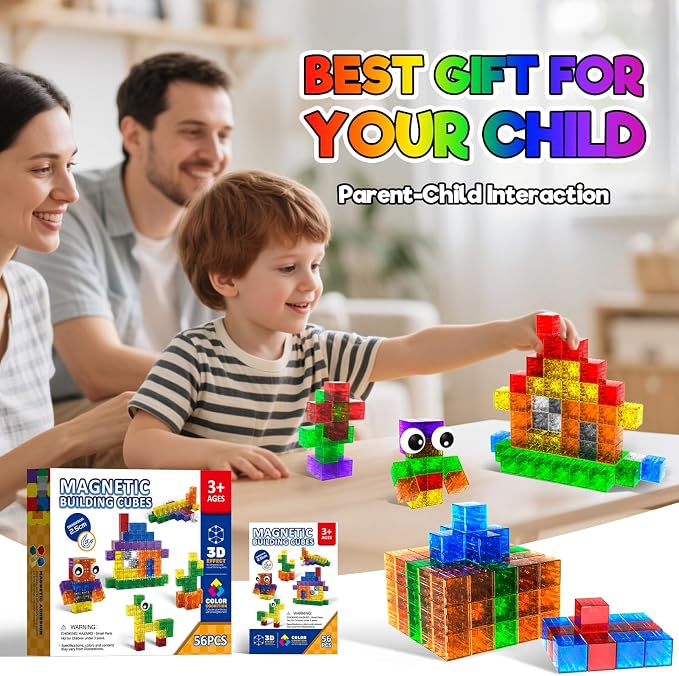 Annexfun 56PCS Magnetic Blocks - Transparent Magnetic Cubes, Toddlers Building Blocks,Montessori Preschool STEM Educational Sensory Toys for Kids Ages 3+ Boys & Girls Birthday Gifts (1IN)