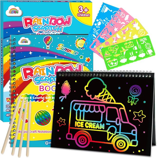 ZMLM Scratch Paper Art-Crafts Gift: 2 Pack Rainbow Notebooks Supplies Toys Easter Basket Stuffers for 3 4 5 6 7 8 9 10 Years Old Girls and Boys Kids Birthday Party Travel Games Summer