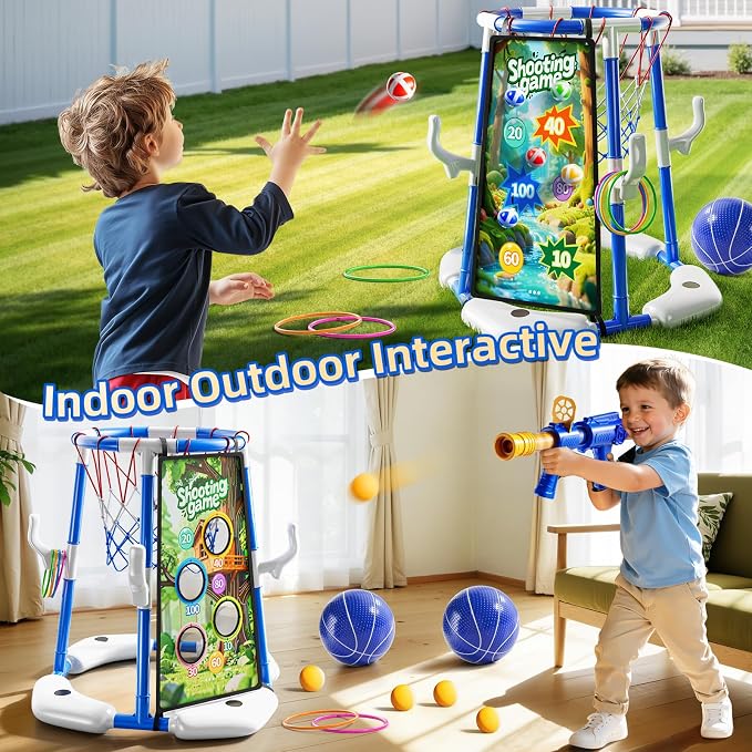 NIPLOOOW Pool Basketball Hoop, 4-in-1 Floating Pool Toys Ring Game with 4 Balls, Air Pump Launcher and Sticky Balls, Outdoor Swimming Pool Basketball Game Water Toy Family Party for Kids Age 3-12