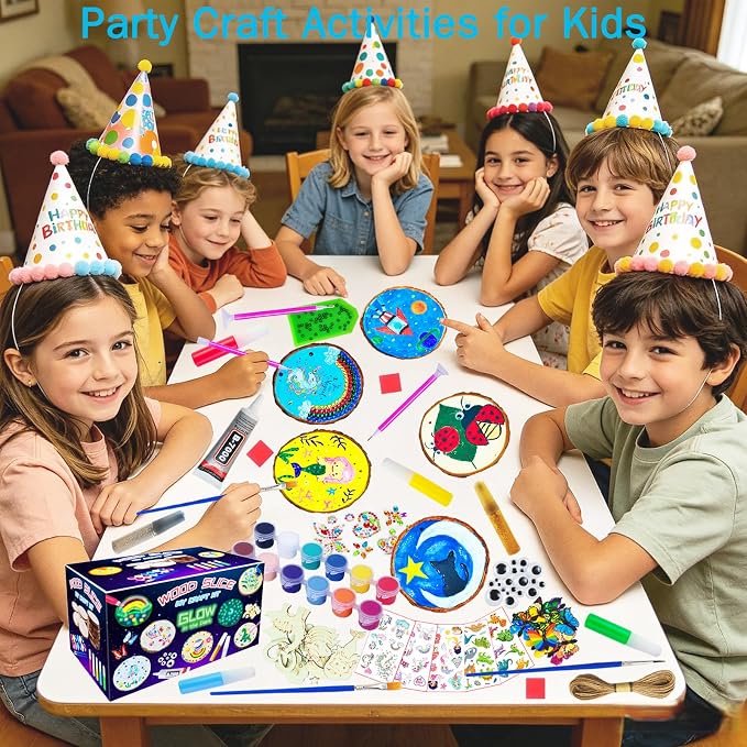 KIRKOTOY Wooden Crafts Kit for Kids-Glow in The Dark-Arts & Crafts Gifts for Boys Girls Age 6-12, 24 Wood Slices with Painting Craft Activities Kits, Creative Art Toys for 6 7 8 9 10 11 12 Year Old