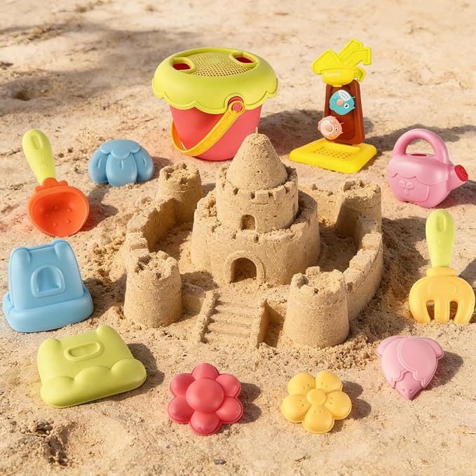 IOKUKI Sand Toys with Mesh Bag Including Sand Water Wheel, Beach Buckets, Shovels, Rakes, Molds, Outdoor Beach Toys Tool Kit for Kids, Toddlers, Boys and Girls (17 PCS) Age 3+