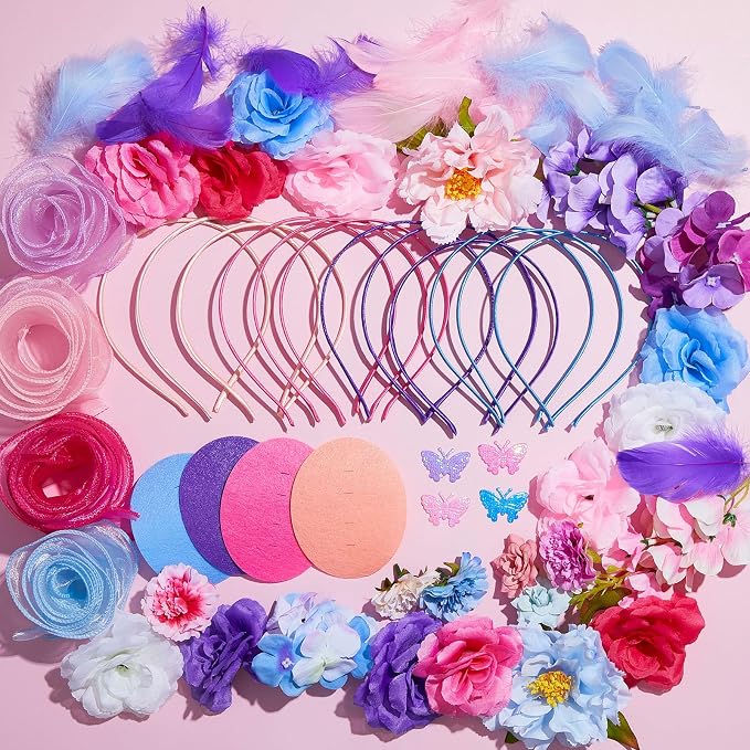 353 Pcs Headband Making Kit for Women Include 12 Headbands 24 Fake Flowers 300 Feathers 4 Mesh Ribbons 1 Roll Double Faced Adhesive Tape 12 Butterfly Accessories for DIY Hair Tea Party Decor