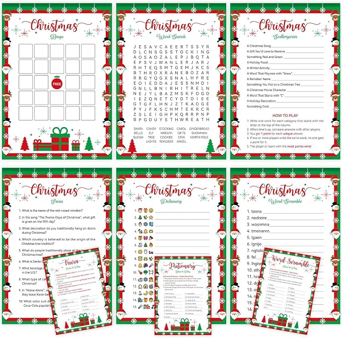 Biswiter Christmas Games for Family Party Supplies, Christmas Activities Word Search Scramble Bingo Trivia Pictionary Categories and Answer Keys for Family