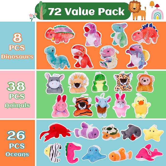 72 Pack Mini Stuffed Animals, Small Stuffed Animals Bulk, Treasure Box Toys for Classroom, Claw Machine Carnival Prizes, Stuffed Toys for Stocking Stuffers, Party Favors for Kid