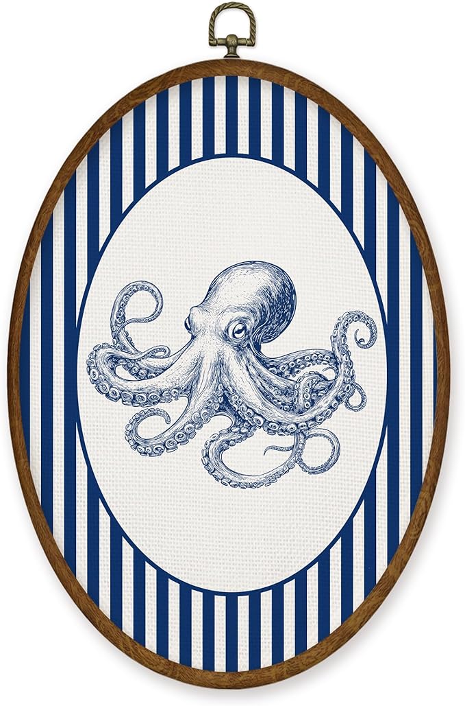 WULQYING Coastal Beach Octopus Wall Art Decor, Beach Nursery Oval Framed Canvas Art Prints, Blue Striped Ocean Octopus Wall Hanging Decor for Home Bedroom Kids Nursery Room, 8.6x11.4 Inches