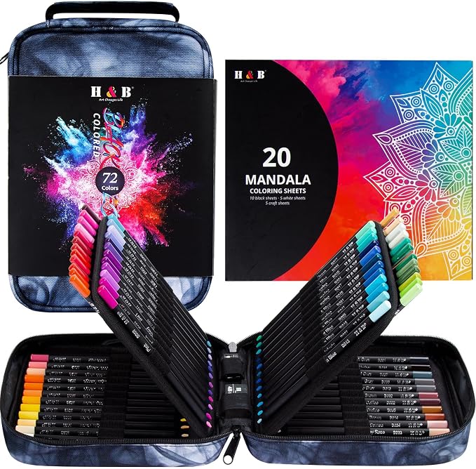 H & B 72-Color Colored Pencils Set with Mandala Coloring Sheets, Eraser, Sharpener - Soft Oil-Based CoresArt Supplies Drawing Kit for Adults, Kids, and Beginners